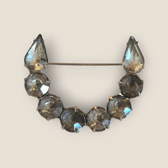 Vintage Clear Speckled Rhinestone Brooch Silver Tone U Shape Horseshoe Estate - Picture 5 of 11